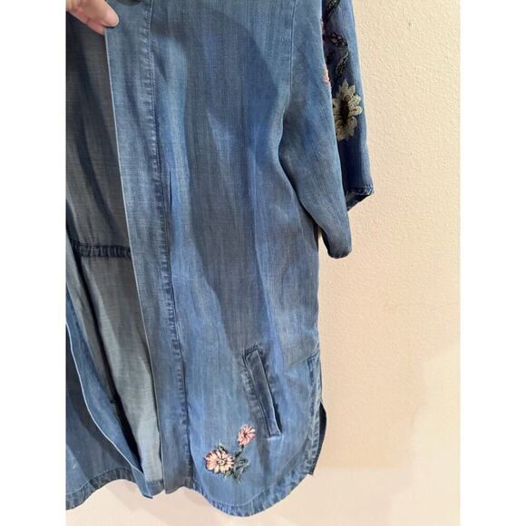 Style & Co Womens Embroidered Open Front Chambray Kimono Medium Pockets Teacher - Picture 5 of 9